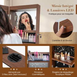 Armoire à Bijoux pivotante à 360°, miroir pleine longueur, éclairage LED, porte verrouillable