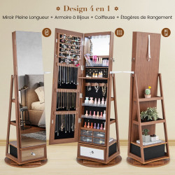Armoire à Bijoux pivotante à 360°, miroir pleine longueur, éclairage LED, porte verrouillable