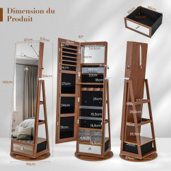 Armoire à Bijoux pivotante à 360°, miroir pleine longueur, éclairage LED, porte verrouillable