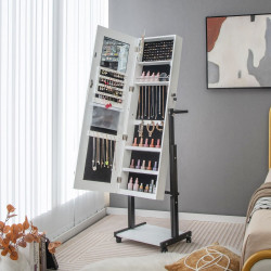 Armoire à Bijoux à roulettes, miroir pleine longueur, éclairage LED, hauteur angle réglables, interrupteur tactile