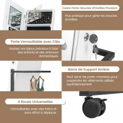 Armoire à Bijoux à roulettes, miroir pleine longueur, éclairage LED, hauteur angle réglables, interrupteur tactile