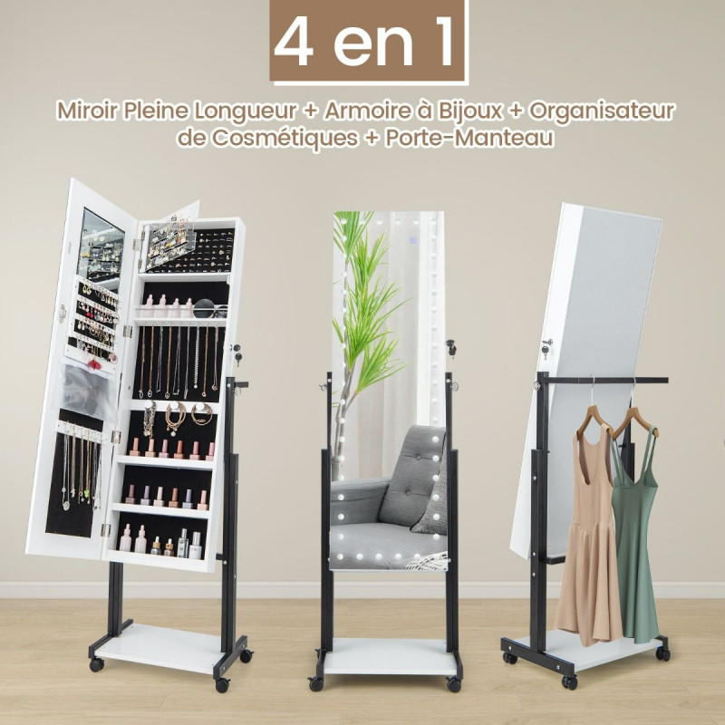 Armoire à Bijoux à roulettes, miroir pleine longueur, éclairage LED, hauteur angle réglables, interrupteur tactile