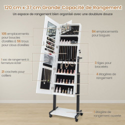 Armoire à Bijoux à roulettes, miroir pleine longueur, éclairage LED, hauteur angle réglables, interrupteur tactile