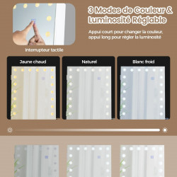 Armoire à Bijoux à roulettes, miroir pleine longueur, éclairage LED, hauteur angle réglables, interrupteur tactile