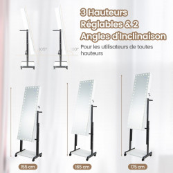 Armoire à Bijoux à roulettes, miroir pleine longueur, éclairage LED, hauteur angle réglables, interrupteur tactile