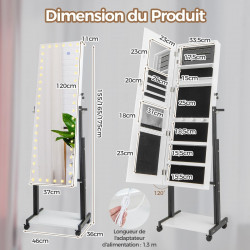 Armoire à Bijoux à roulettes, miroir pleine longueur, éclairage LED, hauteur angle réglables, interrupteur tactile