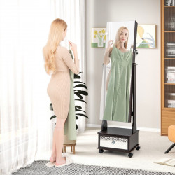 Armoire à Bijoux sur pied, 4 roues verrouillables, miroir pleine longueur, éclairage LED, tiroir, serrure et clé