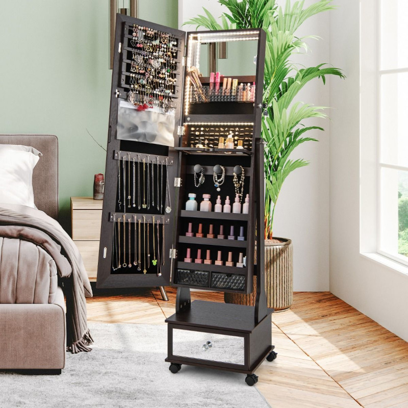 Armoire à Bijoux sur pied, 4 roues verrouillables, miroir pleine longueur, éclairage LED, tiroir, serrure et clé