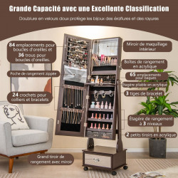 Armoire à Bijoux sur pied, 4 roues verrouillables, miroir pleine longueur, éclairage LED, tiroir, serrure et clé