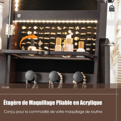 Armoire à Bijoux sur pied, 4 roues verrouillables, miroir pleine longueur, éclairage LED, tiroir, serrure et clé