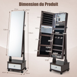 Armoire à Bijoux sur pied, 4 roues verrouillables, miroir pleine longueur, éclairage LED, tiroir, serrure et clé
