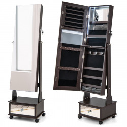 Armoire à Bijoux sur pied, 4 roues verrouillables, miroir pleine longueur, éclairage LED, tiroir, serrure et clé