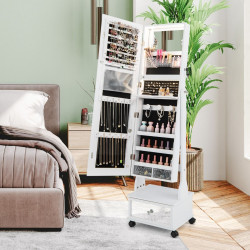 Armoire à Bijoux sur pied, 4 roues verrouillables, miroir pleine longueur, éclairage LED, tiroir, serrure et clé