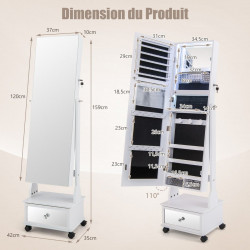 Armoire à Bijoux sur pied, 4 roues verrouillables, miroir pleine longueur, éclairage LED, tiroir, serrure et clé