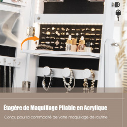 Armoire à Bijoux sur pied, 4 roues verrouillables, miroir pleine longueur, éclairage LED, tiroir, serrure et clé