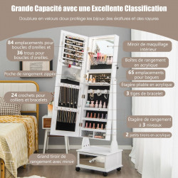 Armoire à Bijoux sur pied, 4 roues verrouillables, miroir pleine longueur, éclairage LED, tiroir, serrure et clé