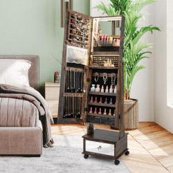 Armoire à Bijoux sur pied, 4 roues verrouillables, miroir pleine longueur, éclairage LED, tiroir, serrure et clé