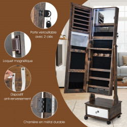 Armoire à Bijoux sur pied, 4 roues verrouillables, miroir pleine longueur, éclairage LED, tiroir, serrure et clé