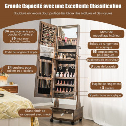 Armoire à Bijoux sur pied, 4 roues verrouillables, miroir pleine longueur, éclairage LED, tiroir, serrure et clé