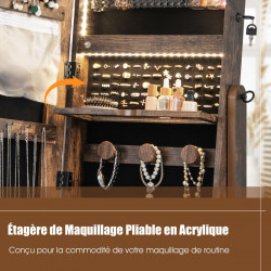 Armoire à Bijoux sur pied, 4 roues verrouillables, miroir pleine longueur, éclairage LED, tiroir, serrure et clé