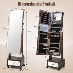 Armoire à Bijoux sur pied, 4 roues verrouillables, miroir pleine longueur, éclairage LED, tiroir, serrure et clé