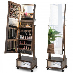Armoire à Bijoux sur pied, 4 roues verrouillables, miroir pleine longueur, éclairage LED, tiroir, serrure et clé