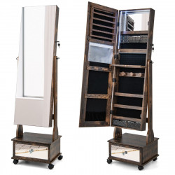 Armoire à Bijoux sur pied, 4 roues verrouillables, miroir pleine longueur, éclairage LED, tiroir, serrure et clé
