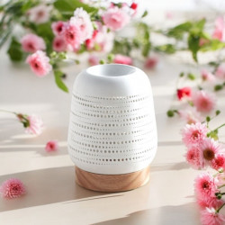 Diffuseur par Chaleur Douce CALORYA N° 16, design raffiné, céramique ajourée, base en bois, diffusion huiles essentielles