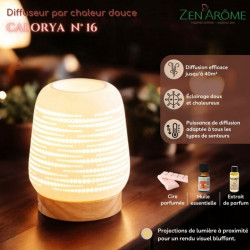 Diffuseur par Chaleur Douce CALORYA N° 16, design raffiné, céramique ajourée, base en bois, diffusion huiles essentielles