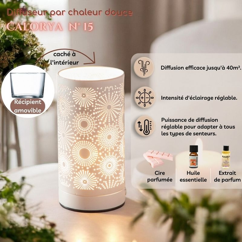 Diffuseur par Chaleur Douce CALORYA N° 15, 3 niveaux d’intensité, huiles essentielles, solutions parfumées et cires parfumées