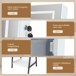 Armoire à Bijoux sur pied, Miroir pleine longueur, Lumières LED 3 Couleurs, interrupteur tactile, Porte verrouillable