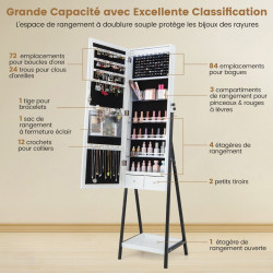 Armoire à Bijoux sur pied, Miroir pleine longueur, Lumières LED 3 Couleurs, interrupteur tactile, Porte verrouillable