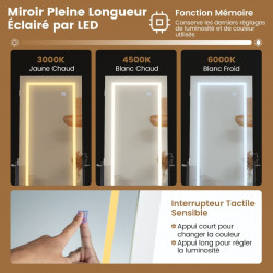 Armoire à Bijoux sur pied, Miroir pleine longueur, Lumières LED 3 Couleurs, interrupteur tactile, Porte verrouillable