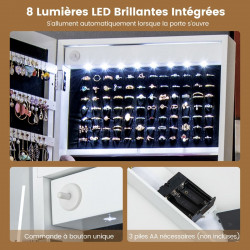 Armoire à Bijoux sur pied, Miroir pleine longueur, Lumières LED 3 Couleurs, interrupteur tactile, Porte verrouillable