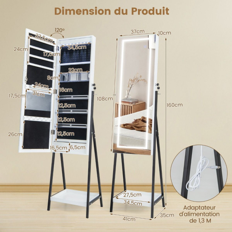 Armoire à Bijoux sur pied, Miroir pleine longueur, Lumières LED 3 Couleurs, interrupteur tactile, Porte verrouillable