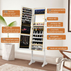 Armoire à Bijoux sur Pieds, Miroir pleine longueur, Verrouillable, Grand espace de rangement