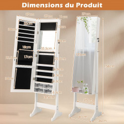 Armoire à Bijoux sur Pieds, Miroir pleine longueur, Verrouillable, Grand espace de rangement
