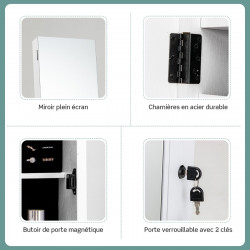 Armoire à Bijoux à roulettes, Miroir, Tiroir 9 Compartiments, Porte Verrouillable
