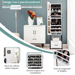 Armoire à Bijoux à roulettes, Miroir, Tiroir 9 Compartiments, Porte Verrouillable