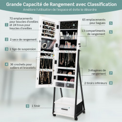 Armoire à Bijoux à roulettes, Miroir, Tiroir 9 Compartiments, Porte Verrouillable