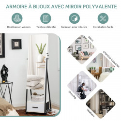 Armoire à Bijoux à roulettes, Miroir, Tiroir 9 Compartiments, Porte Verrouillable