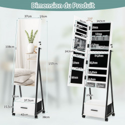 Armoire à Bijoux à roulettes, Miroir, Tiroir 9 Compartiments, Porte Verrouillable