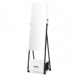 Armoire à Bijoux à roulettes, Miroir, Tiroir 9 Compartiments, Porte Verrouillable