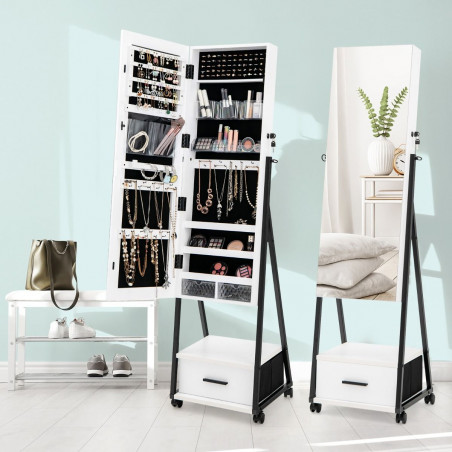 Armoire à Bijoux à roulettes, Miroir, Tiroir 9 Compartiments, Porte Verrouillable Armoire à Bijoux à roulettes, Miroir, Tiroir 9 Compartiments, Porte Verrouillable