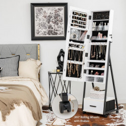 Armoire à Bijoux à roulettes, Miroir, Tiroir 9 Compartiments, Porte Verrouillable