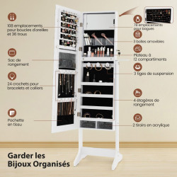 Armoire à Bijoux sur pied, Miroir pleine longueur, LED 3 Couleurs, Verrouillable, Miroir intérieur, Support Sèche-Cheveux