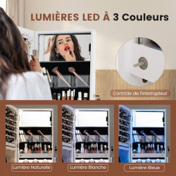Armoire à Bijoux sur pied, Miroir pleine longueur, LED 3 Couleurs, Verrouillable, Miroir intérieur, Support Sèche-Cheveux