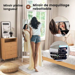 Armoire à Bijoux sur pied, Miroir pleine longueur, LED 3 Couleurs, Verrouillable, Miroir intérieur, Support Sèche-Cheveux
