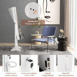 Armoire à Bijoux sur pied, Miroir pleine longueur, LED 3 Couleurs, Verrouillable, Miroir intérieur, Support Sèche-Cheveux