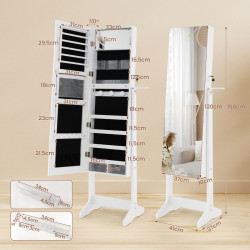 Armoire à Bijoux sur pied, Miroir pleine longueur, LED 3 Couleurs, Verrouillable, Miroir intérieur, Support Sèche-Cheveux